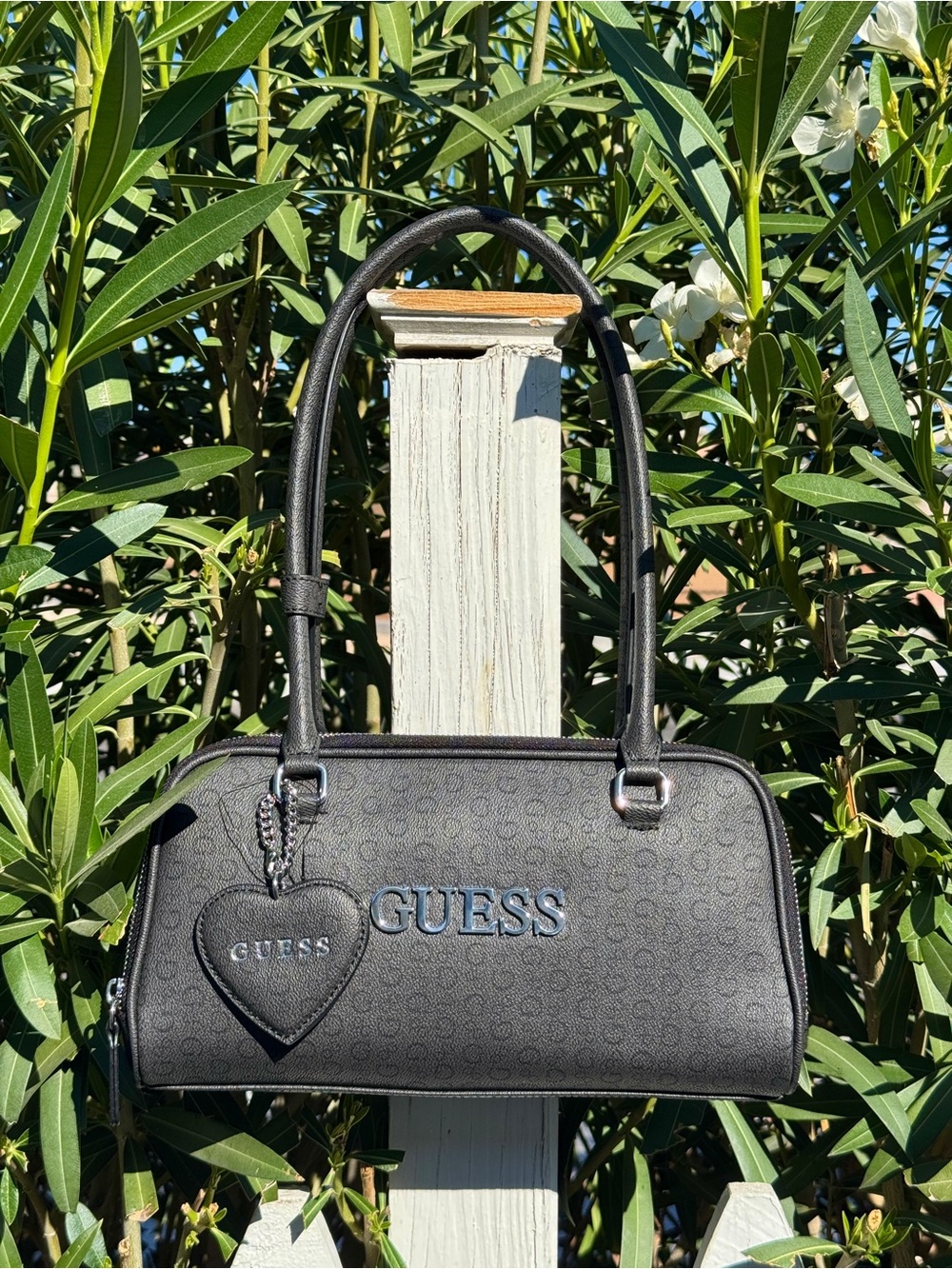 Guess Carla Black Logo Shoulder Bag with Heart Charm/Mirror Accent